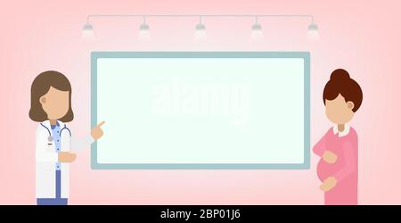 Pregnancy care for pregnant woman with blank whiteboard flat design vector illustration Stock Vector