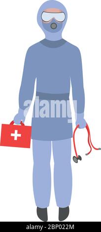 Doctor in a protective suit at the examination of patients. Departure by ambulance, rendering assistance. Medical vector icon. Stock Vector