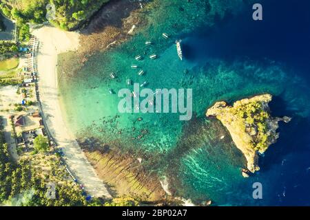 Sea Aerial view, Top view, amazing nature background.The color of the water and beautifully bright.Azure beach with rocky mountains and clear water Stock Photo