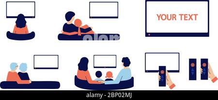 Set of modern isolated vector illustrations. People stay at home, watch TV with their parents, grandparents, children, friends, beloved. Watching news Stock Vector