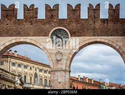 Portoni della Bra gate in Verona, Italy. It was built along the medieval walls in order to connect Piazza Bra - Verona, Italy - March 9, 2016 Stock Photo