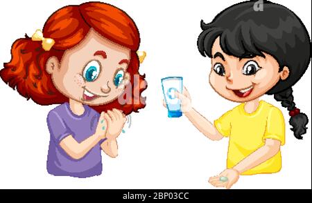 Two girls wasing hand with hand gel on white background illustration Stock Vector