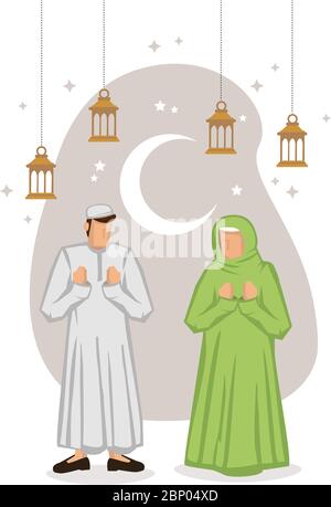 Cartoon muslim couple with crescent moon, stars in a white background. Ramadan fasting or Hari Raya festival concept. Flat Vector illustration. Stock Vector