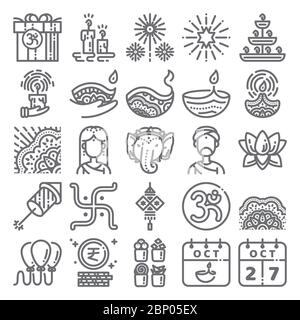 Diwali icon set. Line art icon for Deepavali festival celebrate,hinduism,India,Hindu. 48 pixel icons design. Stock Vector