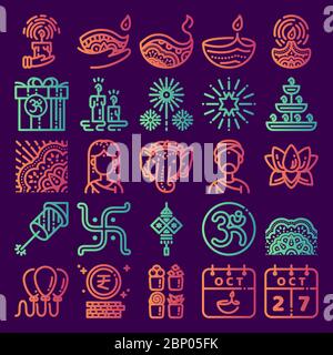 Diwali icon set. Line art icon for Deepavali festival celebrate,hinduism,India,Hindu. 48 pixel icons design. Gradient colored. Stock Vector