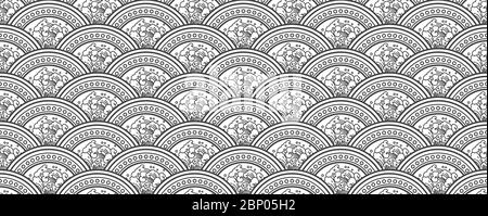 Thai traditional water wave seamless background. Oriental wave black and white wallpaper. Ready for use as cover book or textile or decoration. - Vect Stock Vector