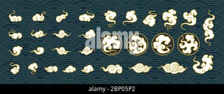 Chinese clouds collection. Oriental style and cloud in circle Shape symbol and various shape vector set isolated on Chinese waves seamless background. Stock Vector