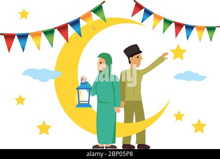 Cartoon muslim couple holding lantern with crescent moon, stars and flags with a white background. Ramadan fasting or Hari Raya concept. Flat Vector i Stock Vector