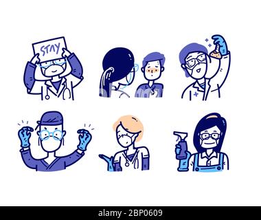 Medical characters action avatar.Doctor,nurse,patient and staff.Portrait. Doodle cartoon line art and hand draw. Stock Vector