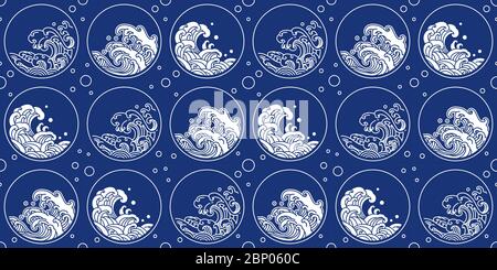 Chinese wave pattern oriental style round shape. Japan water wave seamlless for textiles and fabric printing.White on indigo print. Stock Vector