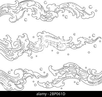 Creativity water wave splashing. China,Thailand,Japan. Single line vector style. Isolated on white background. Stock Vector