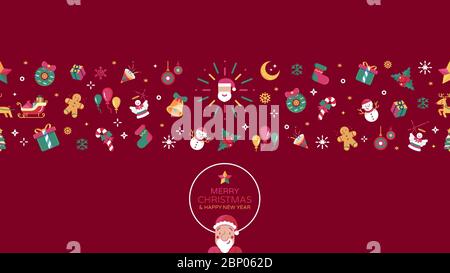 Merry christmas element flat design vector illustration. Seamless pattern isolated on red background. Stock Vector