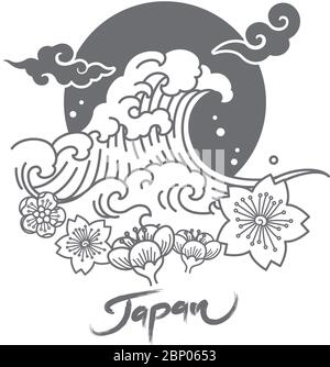 Japan symbolic logo with great wave and sakura flowers and oriental cloud and sun. Vector illustration. Stock Vector