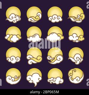 Full moon with the cloud icons vector set. Oriental and modern clouds with moon night logo template. Stock Vector