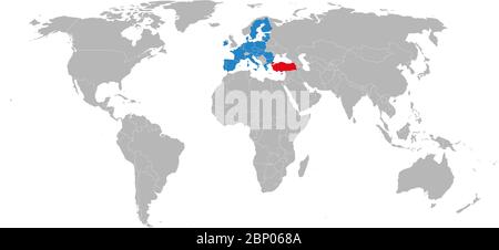 European union, turkey highlighted on world map. Business concepts,political, trade, transport relations. Stock Vector