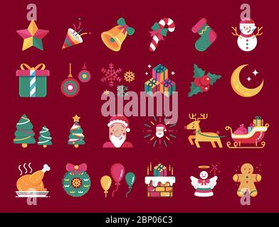 Merry christmas flat design vector icons set. Stock Vector