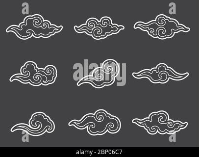 White outline stroke on dark gray background.Objects isolated.Good for Chinese,Japanese,Thai artworks concept in any artwork,logo,package,illustrated. Stock Vector