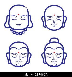 Buddha and monk face vector illustration. A smiling monks face for logo or icon template design. Thai,Chinese and asia buddha face. Stock Vector