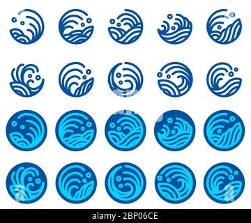 Set of water wave logo design vector. Modern and traditional sea wave style. Single line style. Stock Vector