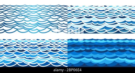 Sea waves seamless pattern. Ocean blue background vector illustration. Editable stroke. Stock Vector