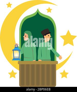 Cartoon muslim couple with crescent moon, stars and in a white background. Ramadan fasting or Hari Raya festival concept. Flat Vector illustration. Stock Vector