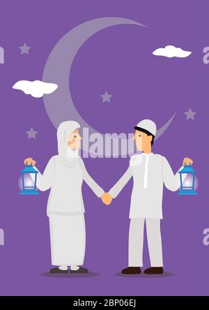 Cartoon muslim couple holding lantern with crescent moon, stars and in background. Ramadan fasting greeting card. Flat Vector illustration. Stock Vector