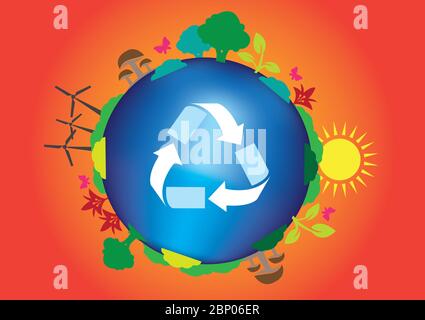 Conceptual vector illustration for go green, recycle, reuse and sustainable energy. Recycle symbol on clean earth with trees, solar energy and wind po Stock Vector
