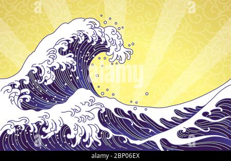 Great wave and ocean oriental style illustration isolated on  golden sunshine and  seamless clouds background. Japan waves and Chinese cloud vector. Stock Vector