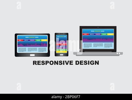 Digital tablet, smart phone and laptop computer with the same website on screen. Vector illustration on responsive web design isolated on plain light Stock Vector