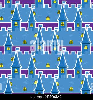 Seamless pattern of a medieval cartoon castle on a purple background. Vector image Stock Vector