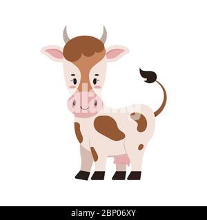 Cute farm cow with udder flat design icon isolated on white background. Stock Vector