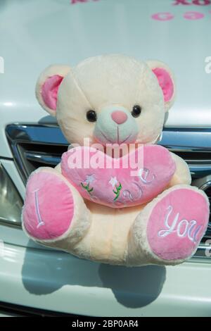 A bear doll placed in front of a car for circumcision . .Bear toys . Bear puppet sitting on top of the car. Stock Photo