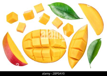 Set of mango cubes and mango slices isolated on a white background. Stock Photo
