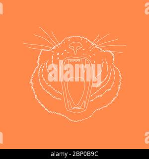 Tiger's head. Line art doodle sketch. White outline on orange background. Background can be used in greeting cards, posters, flyers, banners, logos etc. Vector illustration. EPS10 Stock Vector