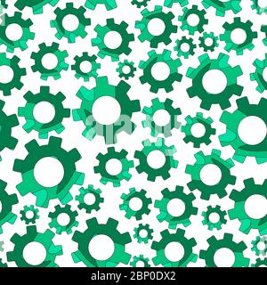 Gears, cogwheels. Vector seamless pattern made of cogs. Green colors. Seamless tiling background. Abstract business concept. Ornament with gears. Stock Vector