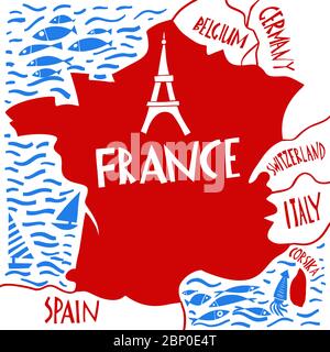 Vector hand drawn stylized map of France. Travel illustration with water and neighboring countries. Geography illustrations Stock Vector