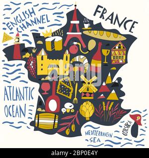 Vector hand drawn stylized map of France. Travel illustration with french landmarks, food and plants. Geography illustrations Stock Vector