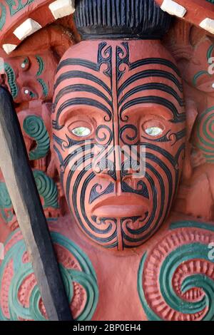 Tihori -ancester ( Ngati Awa) . Maori carving on ceremonial war boat/ canoe house ,Waitangi Treaty Grounds, Bay of Islands, North Island, New Zealand. Stock Photo