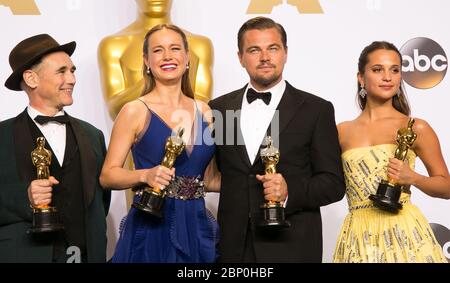 Can you name the missing celebrity from this image of OSCAR winners with their awards from 2016. Here's a clue - He played the infamous Jordan Belfort in Martin Scorsese's 2013 hit movie 'The Wolf of Wall Street'. ANSWER: Leonardo DiCaprio  88th Annual Academy Awards (Oscars) at Loews Hollywood Hotel - Arrivals  Featuring: Mark Rylance, Brie Larson, Leonardo DiCaprio, Alicia Vikander Where: Los Angeles, California, United States When: 28 Feb 2016 Credit: Brian To/WENN.com  Featuring: Mark Rylance, Brie Larson, Leonardo DiCaprio, Alicia Vikander Where: Los Angeles, California, United States Whe Stock Photo