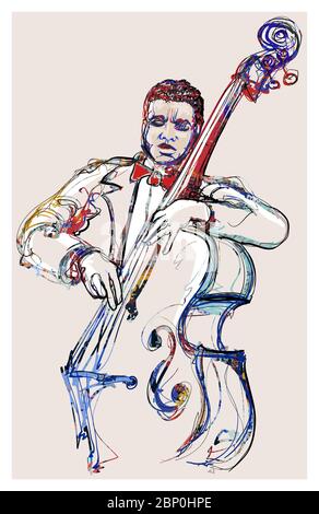 playing double bass . Classical musician jazz bassist - vector illustration (Ideal for printing on fabric or paper, poster or wallpaper, house decorat Stock Vector
