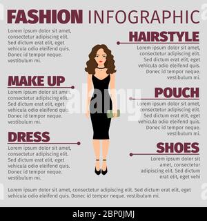 Fashion infographic with lady in night black dress and grey wallet. Vector illustration Stock Vector