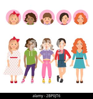 Teenage girls isolated on white background with avatar icons vector set Stock Vector