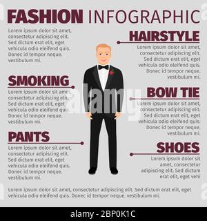 Fashion infographic with smiling man in a wedding suit. Vector illustration Stock Vector