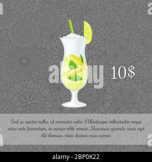 Green tea cocktail card template with price and patterned background. Vector illustration Stock Vector