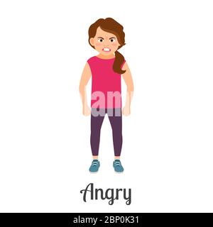 Cartoon little girl angry feeling isolated on white background. Vector illustration Stock Vector