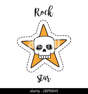 Fashion patch element with quote, Rock star. Human skull and star vector badge Stock Vector