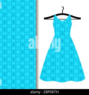 Women dress fabric pattern design on a hanger with blue geometric pattern. Vector illustration Stock Vector