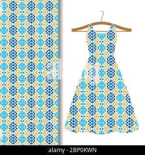 Women dress fabric pattern design on a hanger with blue geometric mosaic. Vector illustration Stock Vector