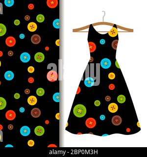 Women dress fabric pattern design on a hanger with sewing on black background. Vector illustration Stock Vector