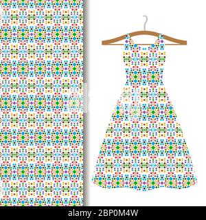 Women dress fabric pattern design on a hanger with green geometric mosaic. Vector illustration Stock Vector